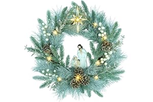 YULETIME 20" Pre-Lit Nativity Wreath, Battery Operated with 10 Fairy Lights, Holy Family Nativity Statue, Star of Bethlehem, Pine Cones, White Mistletoe, Frosted Spruce Branches (Nativity Frosted)