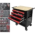Campfun Rolling Tool Cart with 4-Drawer 266PCS Tool Set, Tool Chest Cart on Wheels, Utility Tool Box with Wooden Top Workbench, Tool Storage Cabinet Organizer for Garage, Workshop, Repair Shop
