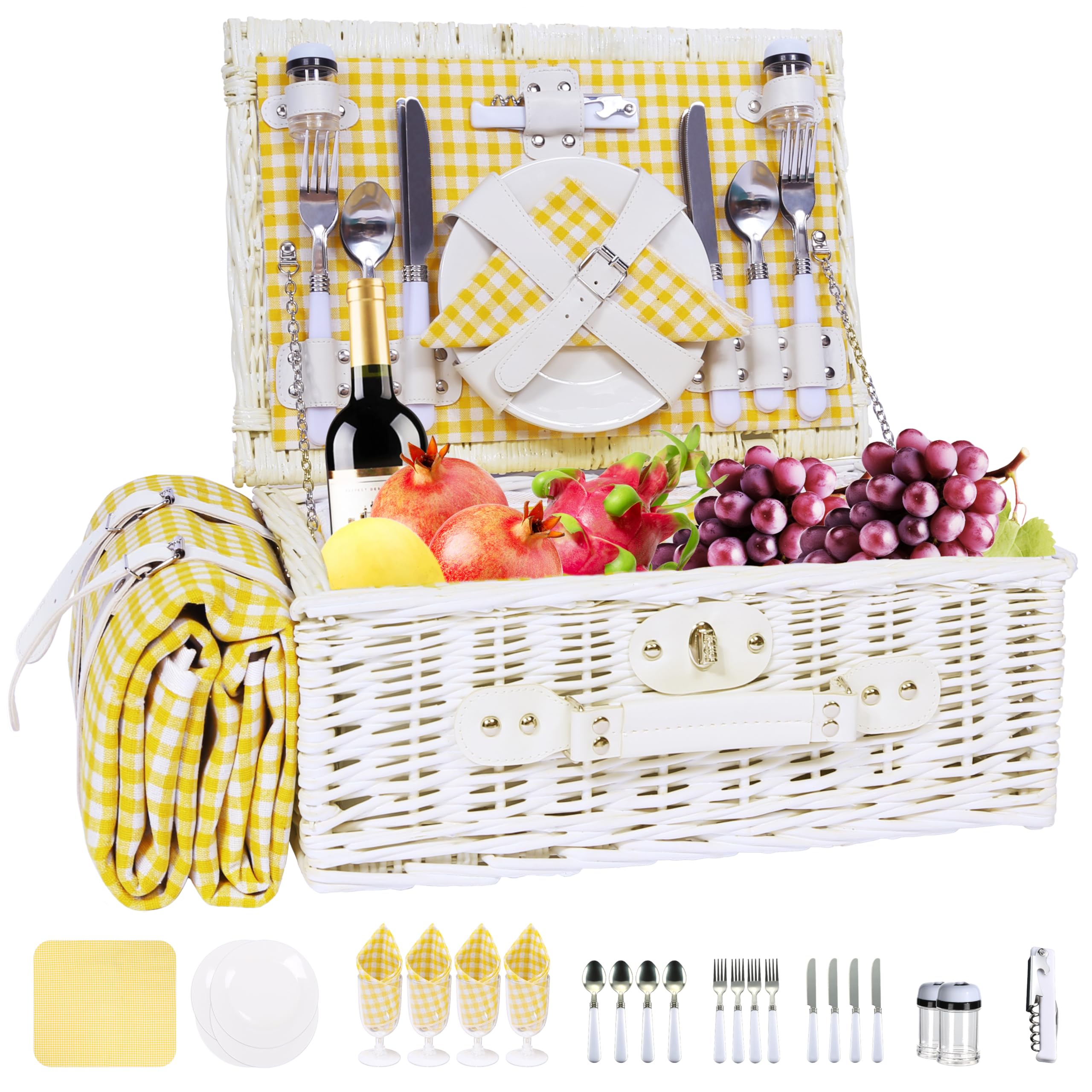 Photo 1 of YPshuye Picnic Basket Set for 4 with Waterproof Blanket Mat Insulation Bag Wicker White Yellow Light Fresh Gifts for Wedding Birthday Summer Camp Outdoor Camping Beach Travel Christmas Thanksgiving