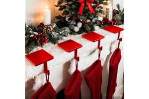 Joyyy Christmas Stocking Holders for Mantle Set of 4 Heavy-Duty Cast Iron Xmas Stocking Hangers Hooks for Mantel with Protective Pad for Fireplace Home Shelf (Red)