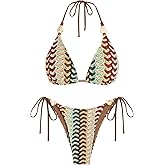ZAFUL Women's Bikini Sets Beads Triangle Swimsuits 2 Piece String High Cut Cheeky Bathing Suits
