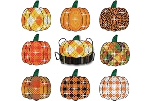 DEMONWER 8 Pieces Fall Pumpkin Diamond Art Painting Coasters with Holder DIY DIY Autumn Diamond Painting Kit Diamond Coasters for Adults Kids Crafts Gift Beginner