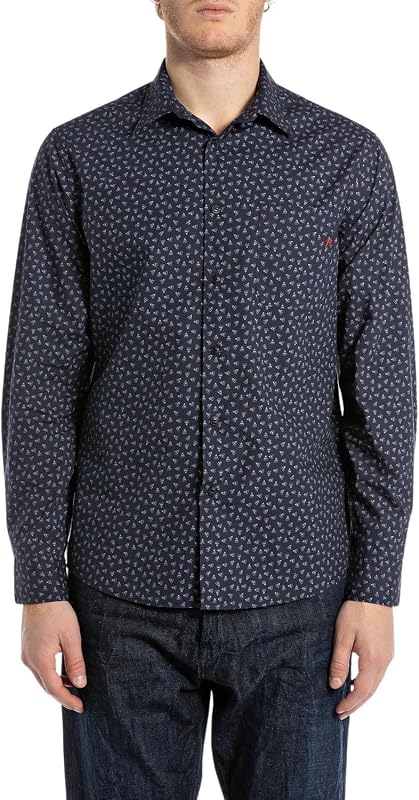 Camisa de algodão de corte regular masculina, 010 azul/azul claro, XL