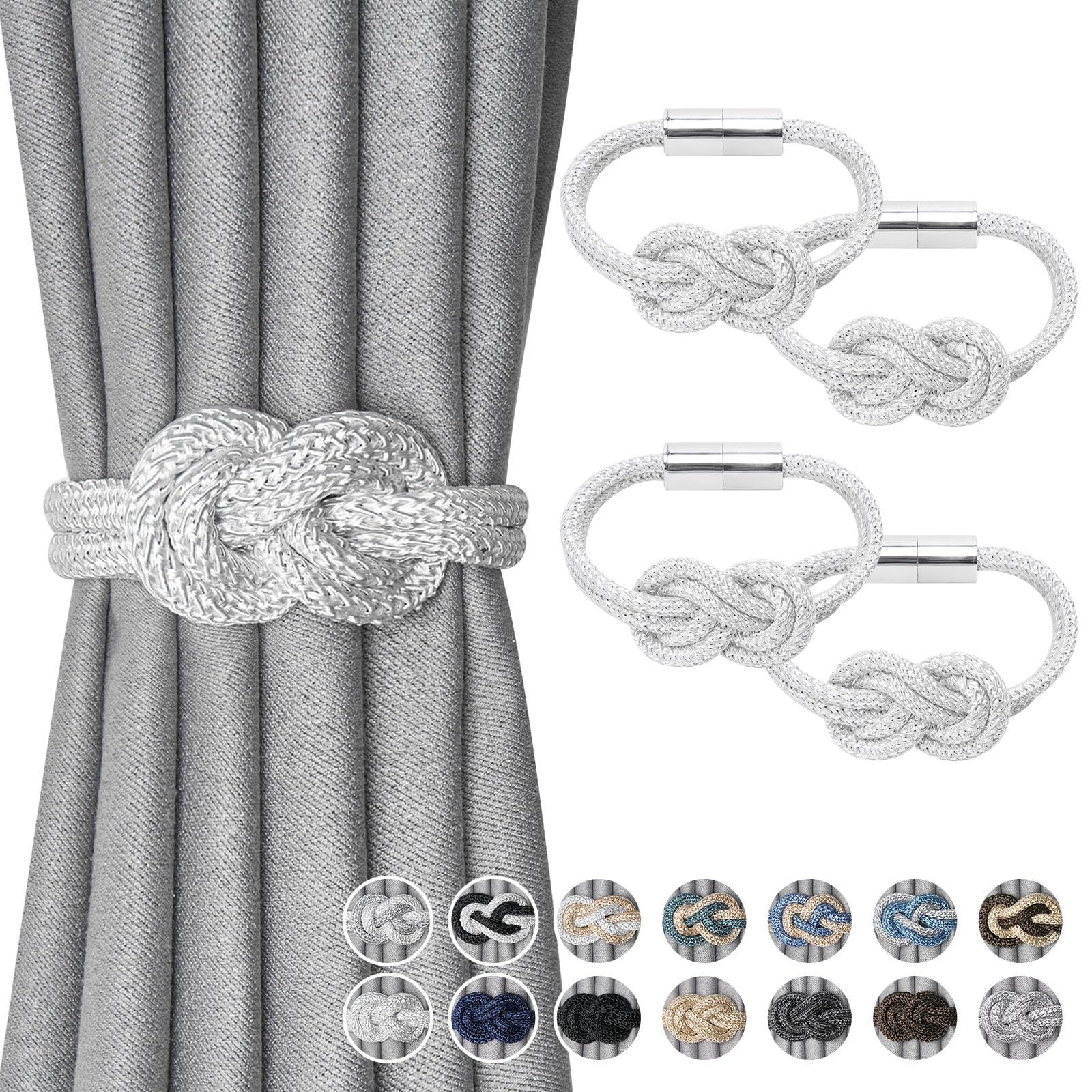 Pretty Jolly 4 Pack Mini Magnetic Curtain Tiebacks Nordic Simple Style Drape Tie Backs Elegant Hand Weave Rope Knot Decorative Curtain Holdbacks for Home & Office Window Drapery (White)