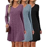 Riyiper 3 Pack Women's V Neck Long Sleeve Dresses, Knit Fall Winter Casual Loose Fit Tunic Sweater Dresses