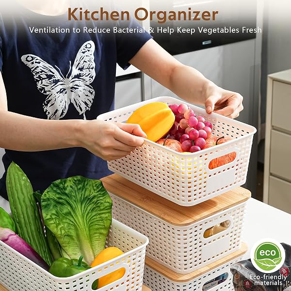 ANTSTEP 8 PACK PLASTIC STORAGE BINS WITH BAMBOO LIDS – STACKABLE STORAGE BASKETS WITH HANDLE FOR PANTRY ORGANIZER AND STORAGE, PLASTIC CONTAINERS BINS LIDDED STORAGE BINS FOR CLASSROOM OFFICE SHELVES