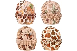 Glavatrix Western Cupcake Liners,200PCS Western Cowboy Themed Baking Cup Horseshoe/Cacti/Cow Print Muffin Cupcake Wrapper for