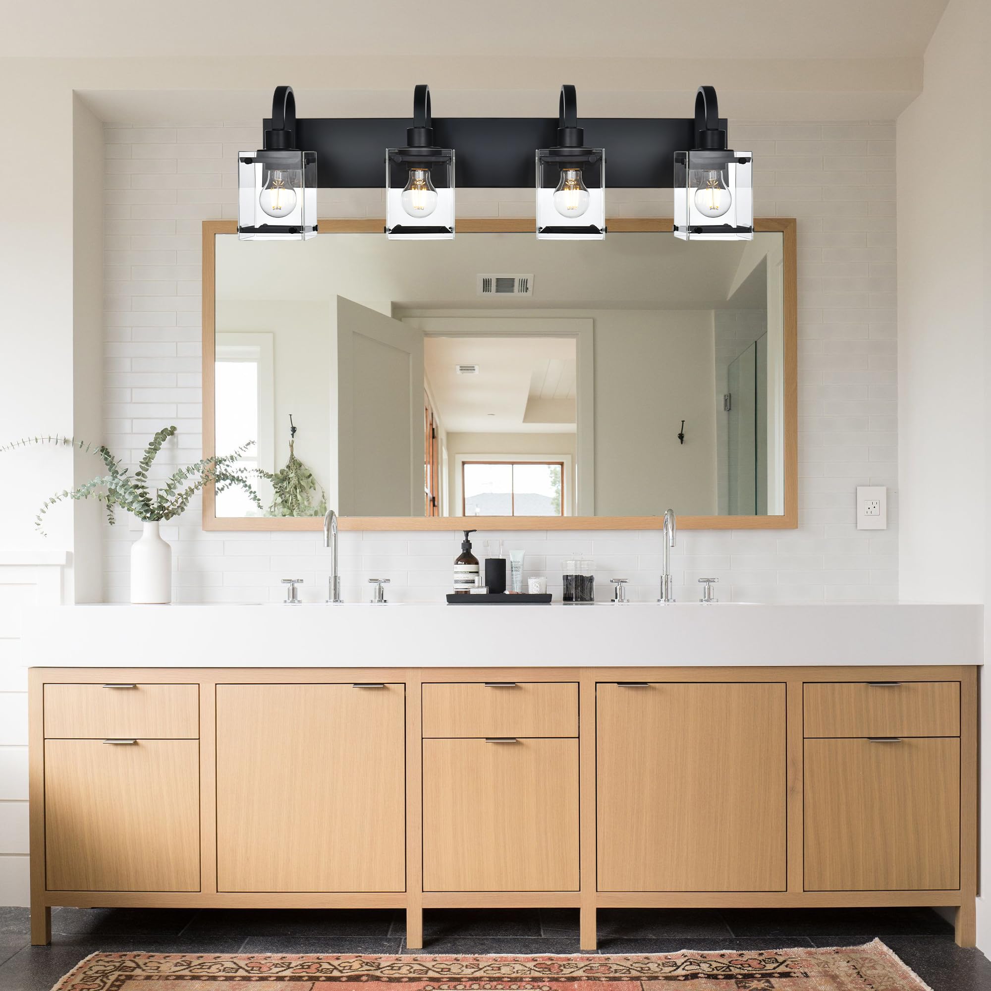 Condition photo showing New/Like New for lucidce 4-light black bathroom vanity light - modern farmhouse wall sconce with clear glass shades,