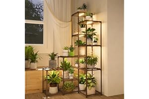 Bamworld Corner Plant Stand With Grow Lights - Tall Shelf Indoor Outdoor for Multiple Plants - Wood Table 7 Pots Flower Stands for Living Room Rack