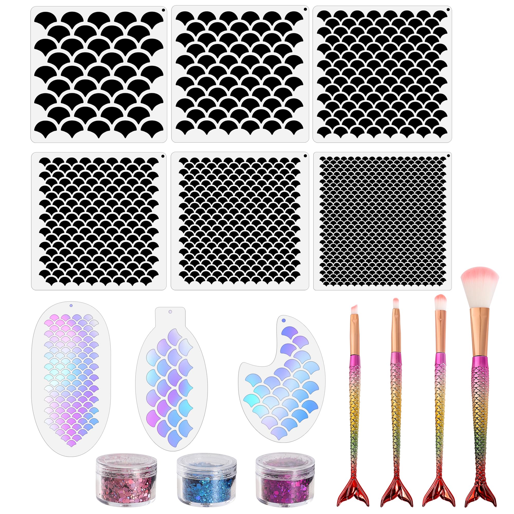 Photo 1 of Mermaid Scale Stencil Set 9 Pieces Reusable Mermaid Face Makeup Stencils Fish Scale Templates, 3 Bottles Glitter and 4 Pcs Eye Makeup Brushes - Women Girl Cute Make Up DIY Tool Set