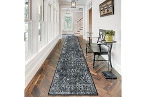 Morebes Black Vintage Carpet Runners for Hallway 12ft,Washable Long Runner Rug for Entryway Indoor Floor Non-Slip,Distressed Super Soft Throw Carpet for Farmhouse Dining Room Playroom