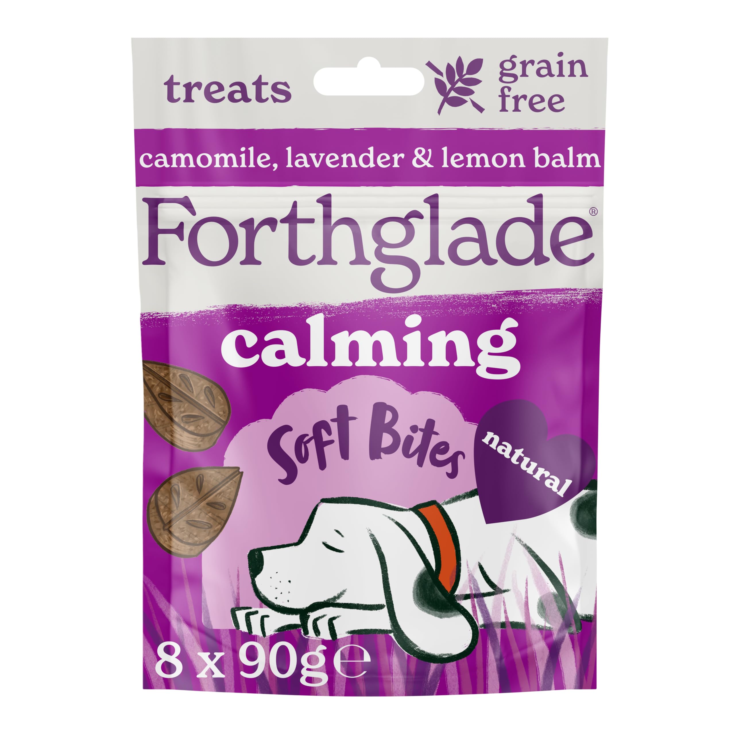 Forthglade Natural Dog Treats (8 x 90g Bags) - Hypoallergenic & Grain Free Calming Dog Treats with Camomile, Lavender & Lemon Balm, Soft Bites, Resealable Bags