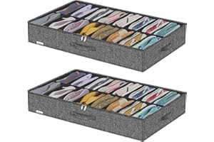 Friday Monkey Large Sturdy Thicken Shoe Storage Box, Clear Shoe Organizer for Closet Underbed, Folding Shoe Rack Sneaker Bin Holder Container Display Case, 16x2 Pairs, Linen-like Black, ZMXAUBS16P2