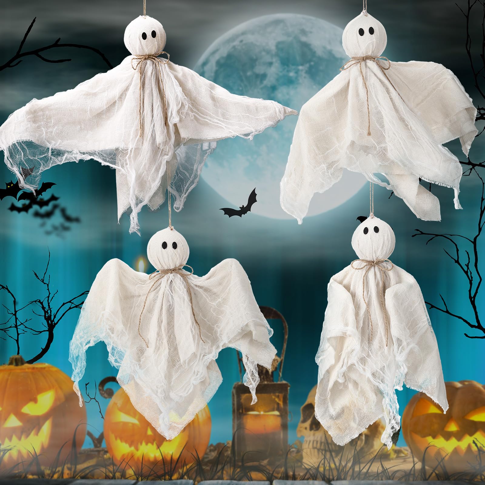 Photo 1 of Vicenpal 4 Pack Halloween Decorations Outdoor Hanging Ghost 27.6 Inch White Flying Ghost for Halloween Party Decor Hanging Decor for Front Yard Porch Patio Lawn Garden Trees Holiday Decorations