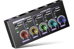 RIWORAL Mini Audio Stereo Mixer 4 Channel 1/4 Inch TSR/TS Audio Input Jack For Line Mixer Stereo/Mono Cutovers Compatible With Mic, Guitars Volume Amplifier Knob Mix Audio Output To Small Mixer & Speaker