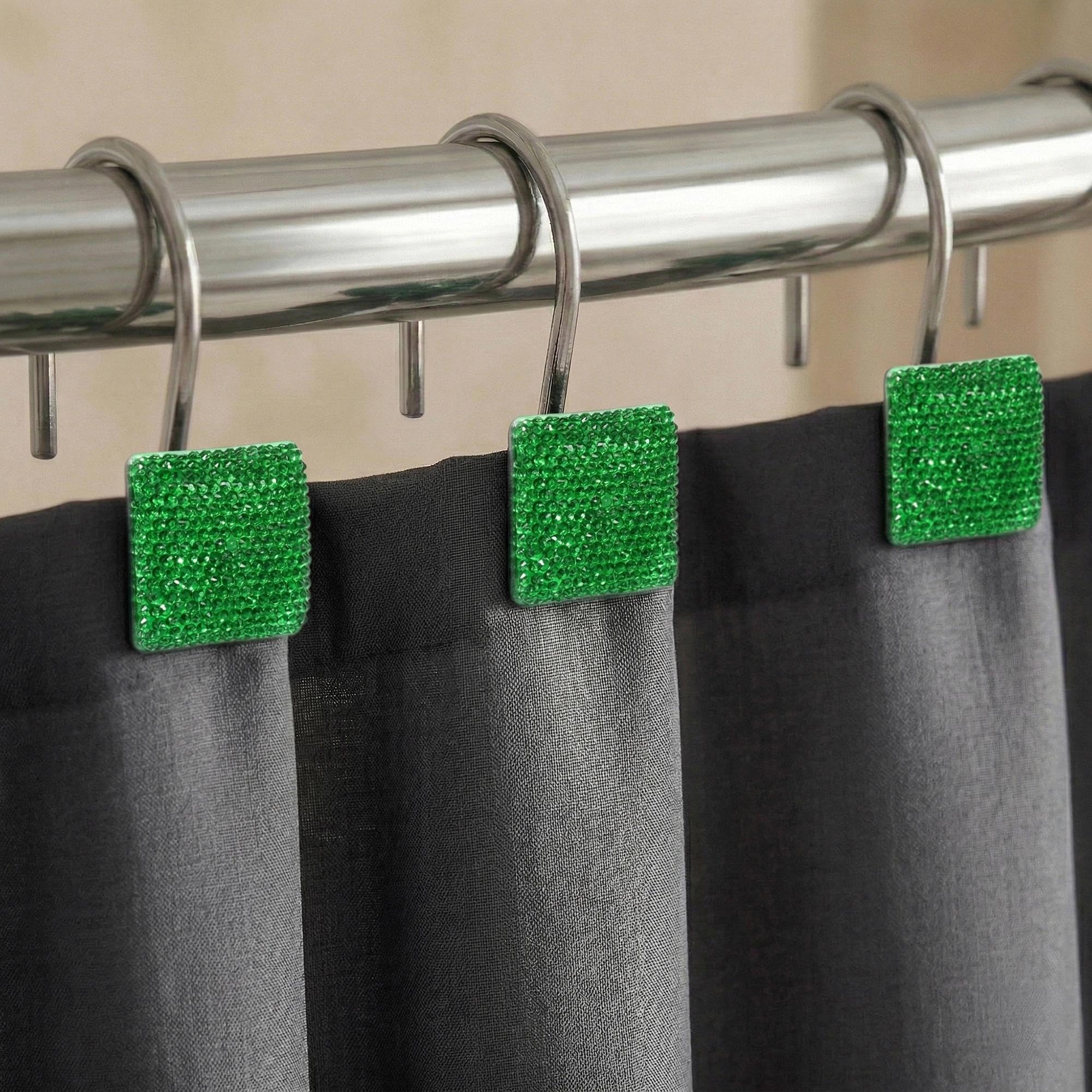 Glitter Shower Curtain Hooks Rings: Bling Sparkle Shiny Crystal Diamond Decorative Shower Curtain Hooks for Christmas & Holidays - Luxury Fancy Glam Curtain Hooks & Hangers (Green)