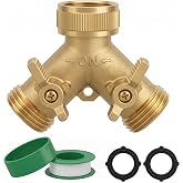 Hourleey Brass Garden Hose Splitter (2 Way), Solid Brass Hose Y Splitter 2 Valves with 2 Extra Rubber Washers (Brass)
