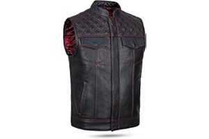 Leatherick Mens Black Motorcycle Vests - Top Grain Cow Leather SOA Club & Traditional Paisley Satin Liner Leather Biker Vests