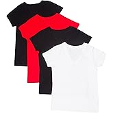 4 Pack Zenana Women's Basic V-Neck T-Shirts Med Black, Black, White, Red
