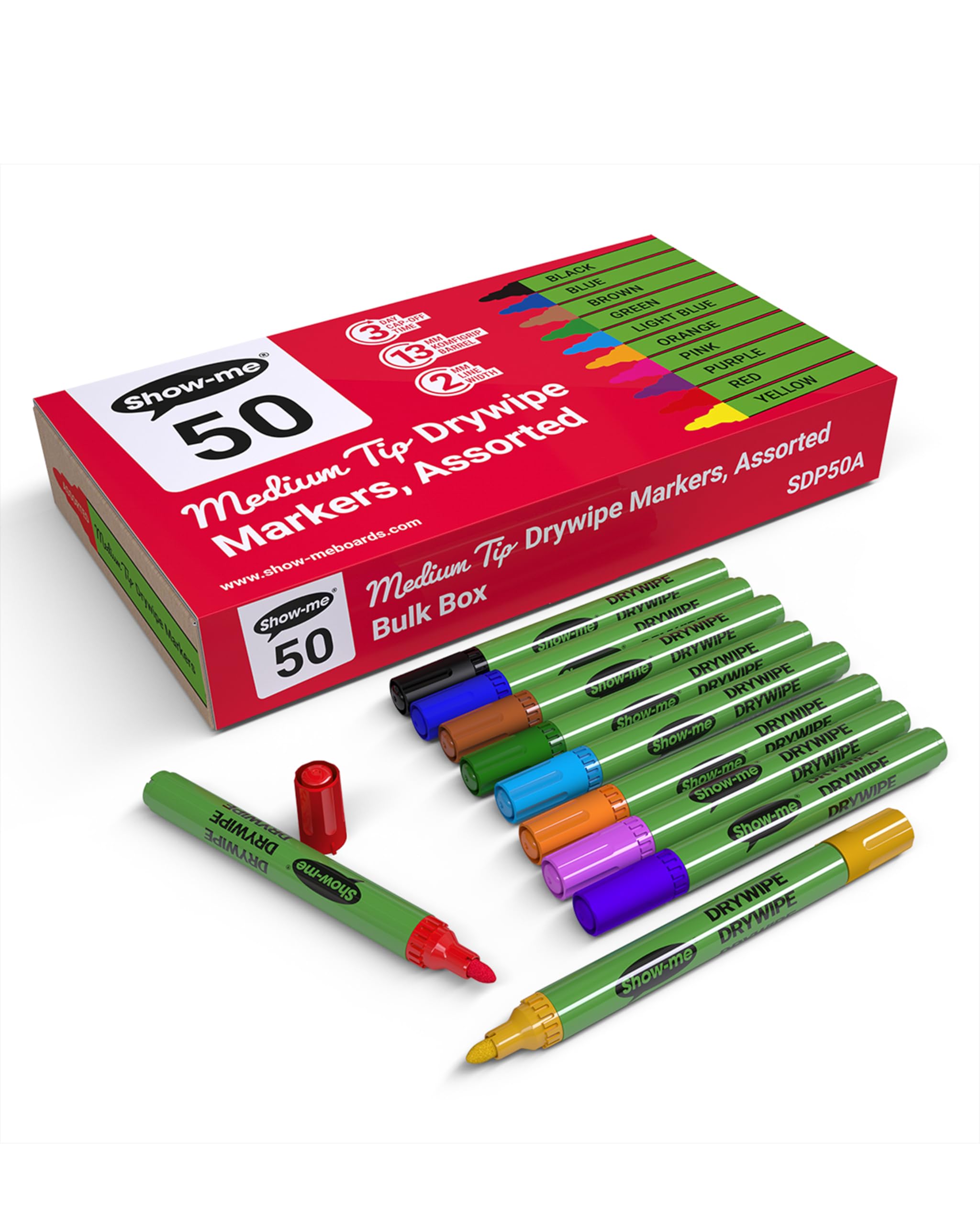 SHOW-ME - Whiteboard Markers | Drywipe, Erasable Medium Tip 2mm Line in Assorted Colours | Classroom Board Writing Pens with 3-Day Cap-off, Box of 50