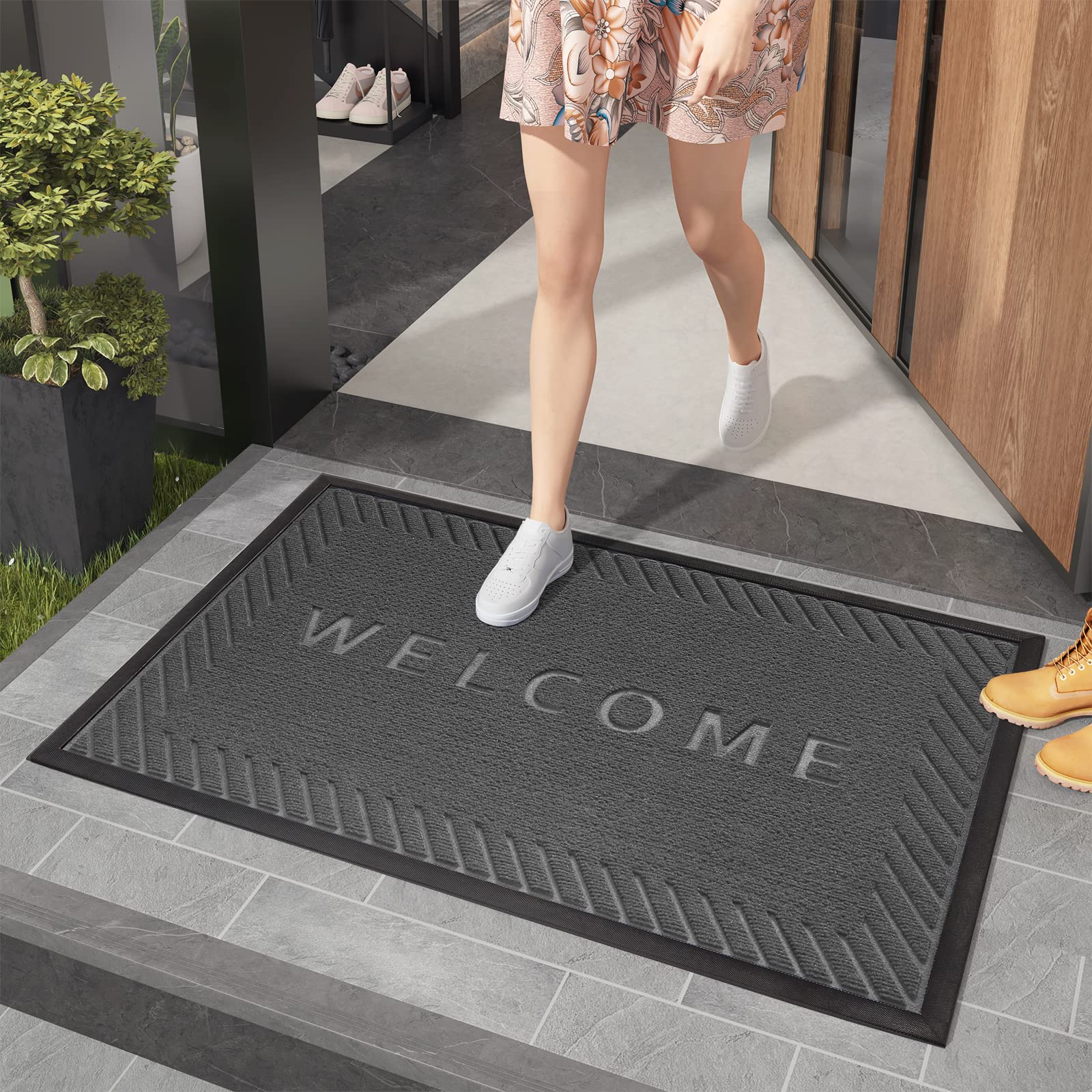 COLOR&GEOMETRY 45 X 80 cm Welcome Mat Door Mats Outdoor Heavy Duty Dirt Trapper for Front Door Rubber Backed Non Slip Outside Mats for Entrance Patio Indoor & Outdoor (Blackgrey)
