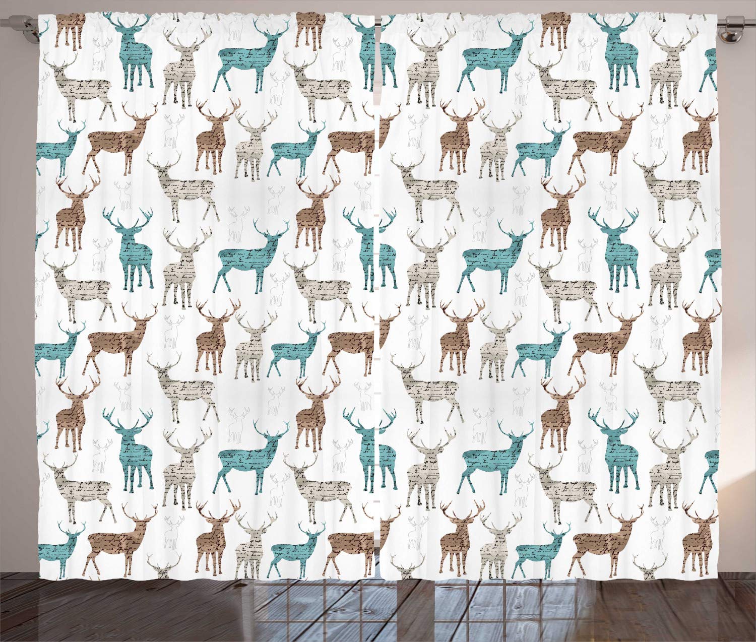 ABAKUHAUS Deer Curtains, Animals with Old Text Pattern Christmas Theme Vintage Inspired Illustration, Living Room Bedroom Window Drapes 2 Panel Set, 280 x 225 cm, Turquoise Beige Brown