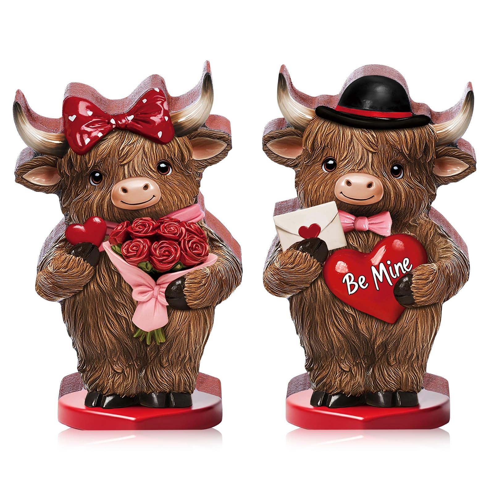 Photo 1 of 2 Pcs 4.7 Inch Valentines Highland Cow Figurines Decor for Home Desk Table Wooden Mini Highland Cow Gifts Statue Gnomes Highlands Cattle Small Animal Figurine for Valentine Home Office Decorations