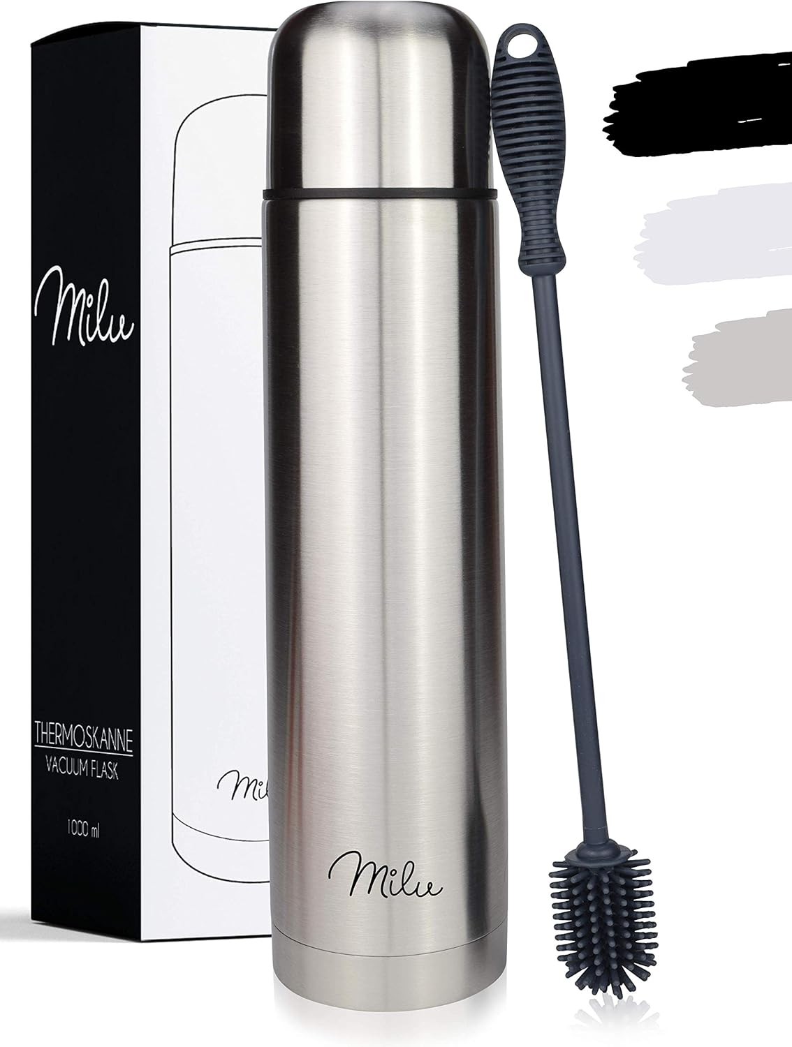 Milu Thermosflasche Thermoskanne Isolierflasche 1L - Isolierte Edelstahl Trinkflasche, 100% Auslaufsicher, Doppelwandisolierung (Edelstahl, 1000 ml)
