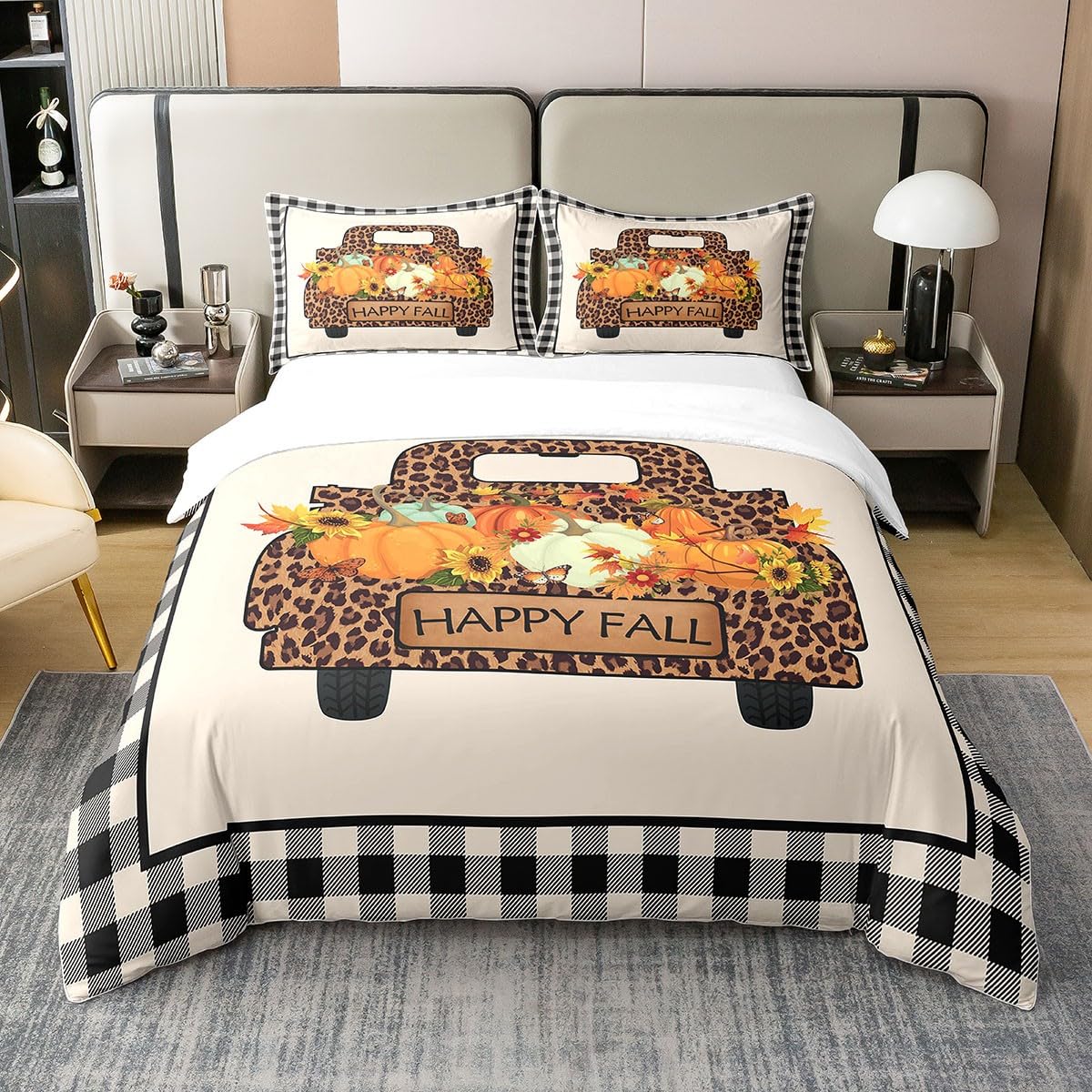 100% Cotton Plaid Pumpkin Leopard Truck Bedding Set Single, Fall Thanksgiving Harvest Duvet Cover, Black White Geometric Grids Comforter Cover, Butterfly Sunflower Maple Leaf Bedspread Cover 2 Pcs