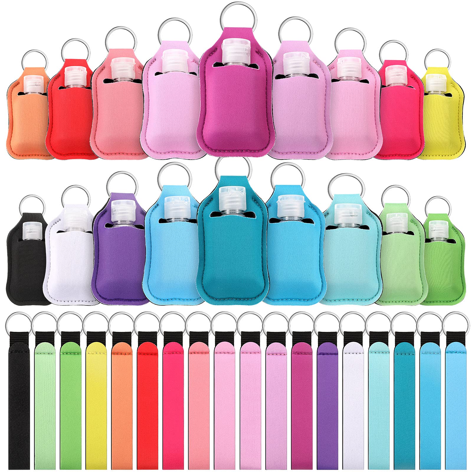 54 Pieces Empty Travel Bottles with Keychain Holder Set Include 18 Portable 1 oz Refillable Travel Bottle Container with Flip Cap 18 Reusable Bottle Holders 18 Wristlet Keychain (Colorful Patter