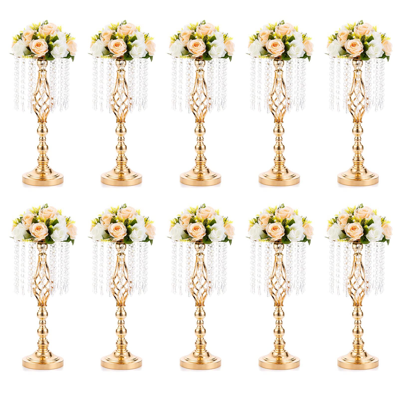 View 1 of 10 Pcs 19.3 inches Tall Crystal Flower Stand Wedding Road Lead Tall Flower Holders Centerpiece Crystal Flower Chandelier Metal Flower Vase for Reception Tables Wedding Supplies