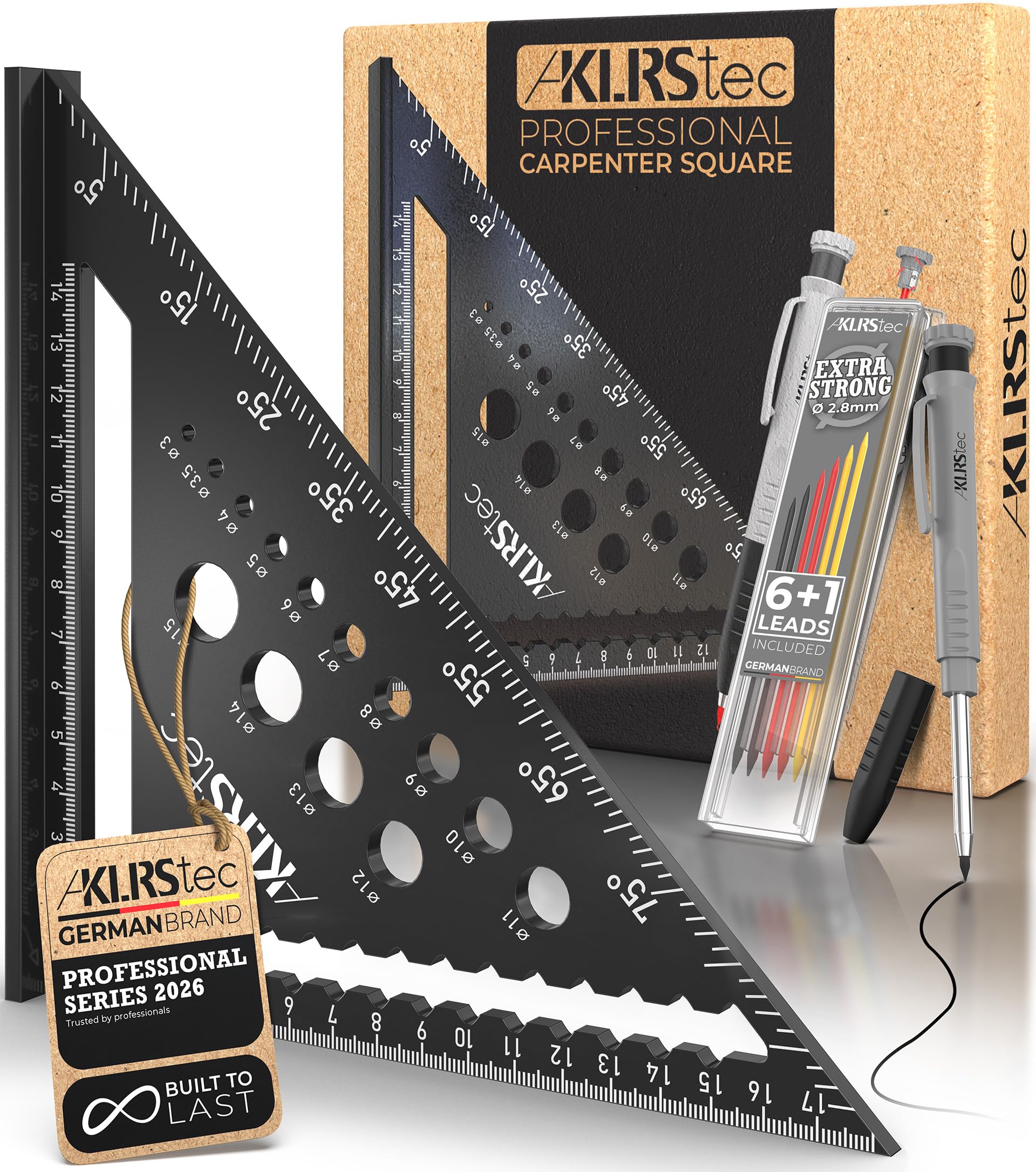 KLRStec Professional Carpenters Square Set [metric] incl. Carpenter Pen [+7 Spare Leads] Speed Square – Metal measuring Tool Set