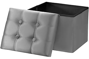 AmasSmile Storage Ottoman Foot Rest Stool, 17 inch Velvet Footstool Bench, Short Ottomans Stool, Small Folding Storage Ottoman Store Books, Records, Grey