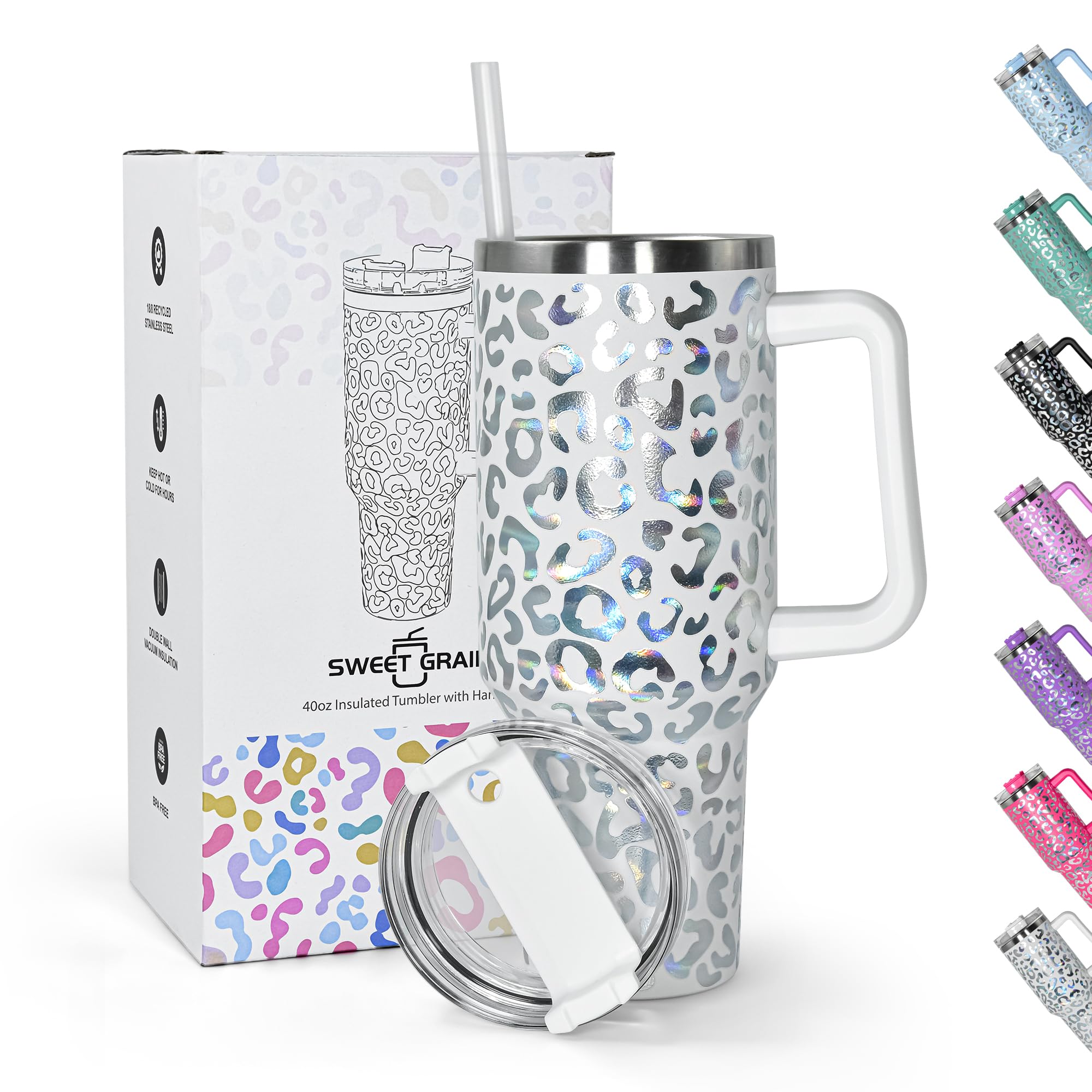 sweet grain 1200ml 40oz Tumbler with Straw and Lid, Stainless Steel Coffee Cup Travel Mug,Vacuum Insulated Water Bottle for Water, Iced Tea or Coffee, White Leopard