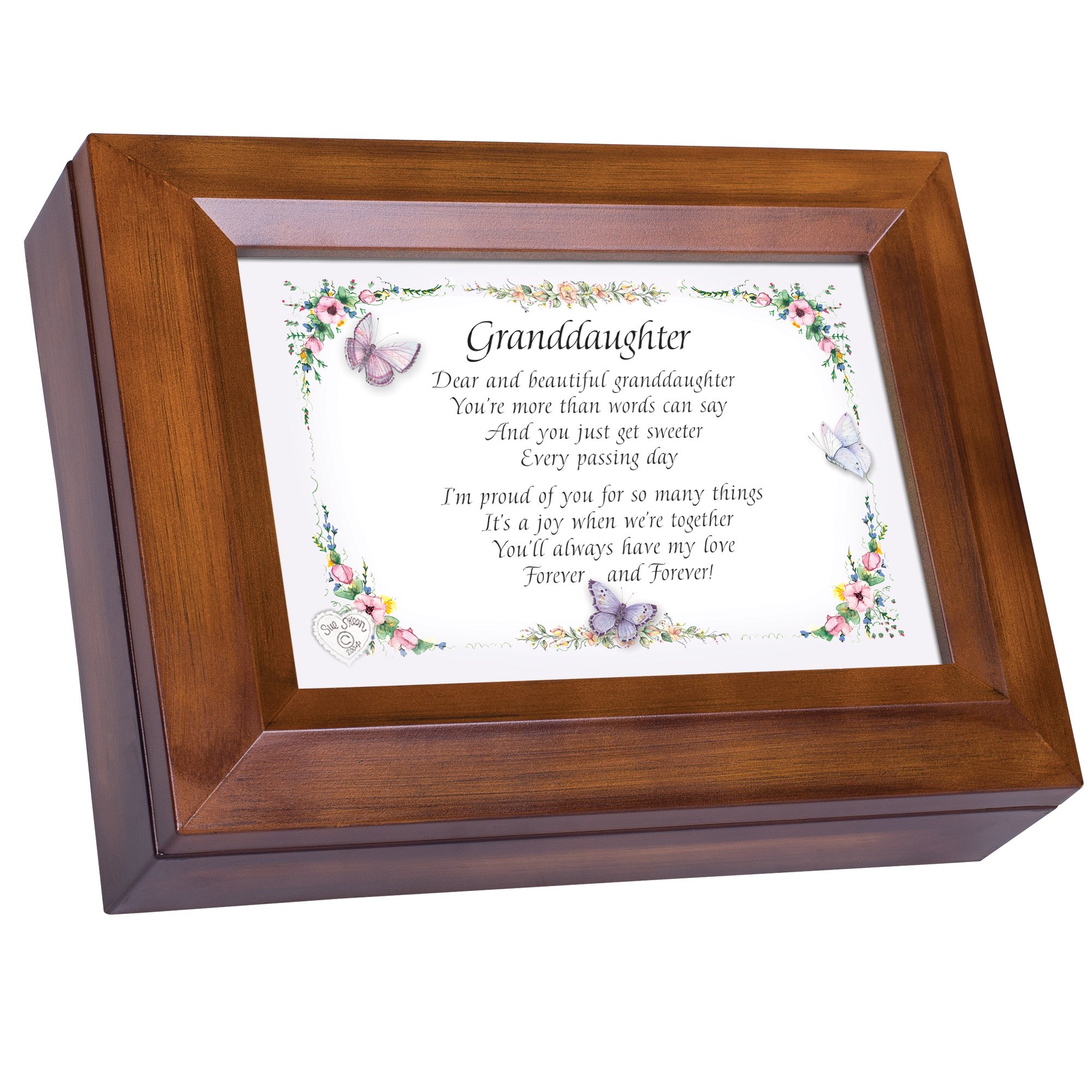 View 1 of ***DO NOT WORK*** Cottage Garden Dear and Beautiful Granddaughter Dark Wood Finish Jewelry Music Box - DON'T Plays Tune You Are My Sunshine