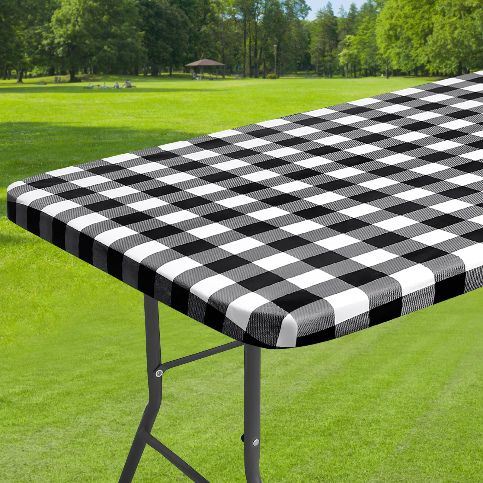 Dremisland Water Resistant Rectangular Tablecloth Elastic Edged Fitted Vinyl Black White Table Cover with Flannel Backing Wipeable Oilcloth PVC Table Protector Cover for Dinning Room Kitchen Picnic