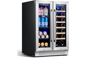 Yeego 24 Inch Wine and Beverage Refrigerator, Hold 60 Cans and 20 Bottles Dual Zone Wine Beer Fridge Cooler with Stainless Steel French Door Digital Temperature Control and Key Lock Quiet Operation