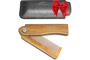 Folding Beard Comb w/Carrying Pouch for Men - All Natural Wooden Beard Comb w/Gift Box - Green Sandalwood Comb for Grooming & Combing Hair, Beards and Mustaches by Viking Revolution