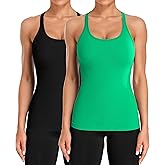 ATTRACO 2 Pack Ribbed Workout Tank Top with Built in Bra for Women Tight Fit Seamless Yoga Top