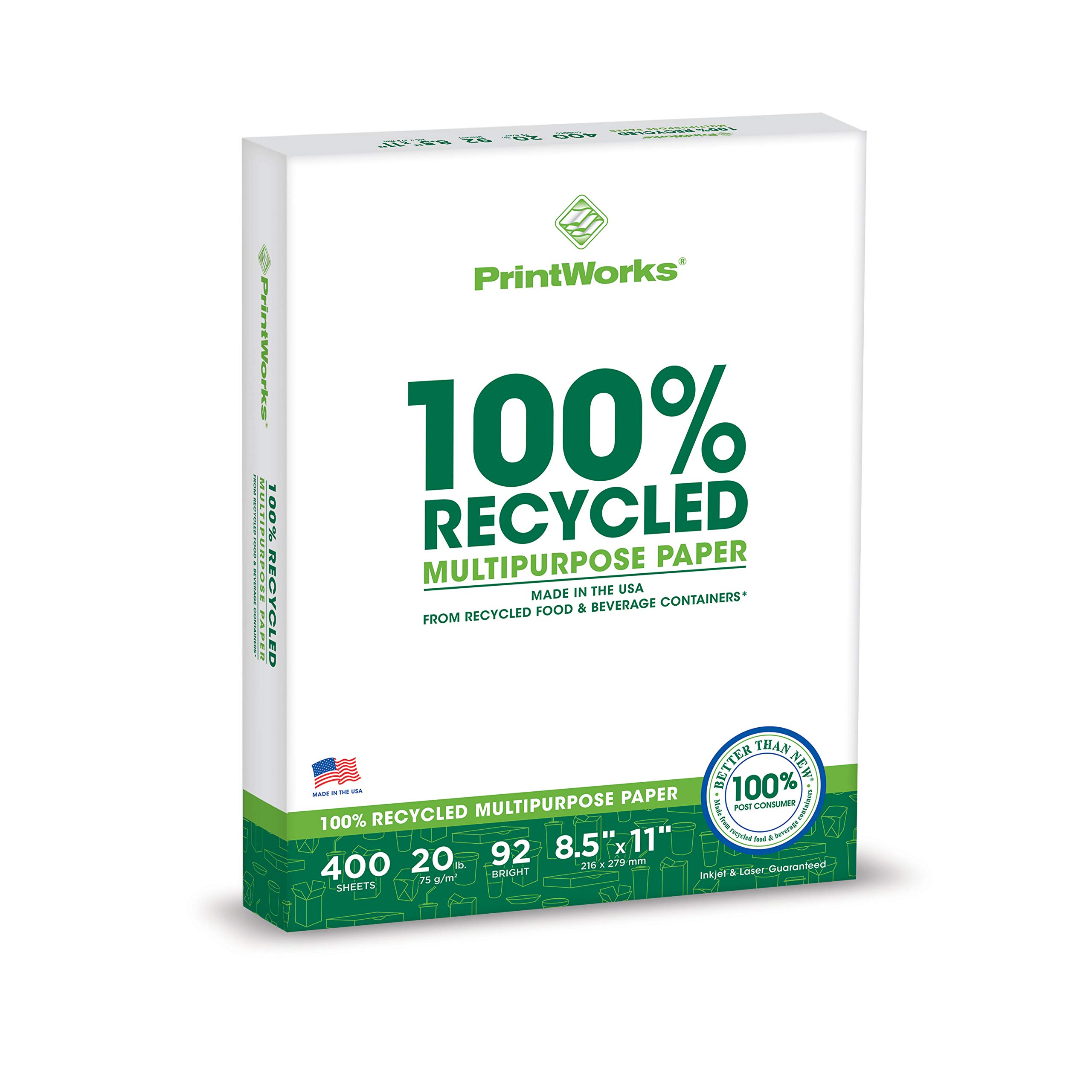 PrintWorks 100% Recycled Printer Paper 8.5" x 11" White - 20 lb Copy & Multipurpose Computer Paper - 1 Pack, 400 Sheets - Made in The USA - 92 Bright - Printer & Copier Compatible (00018)