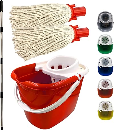 TDBS Red Floor Mop and Bucket Set 2 Mop Heads Pure Yarn Heavy Duty