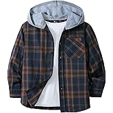 Boys Long Sleeve Button-up Shirt with Hood Unisex Kids Cotton Plaid Hoodie Flannel Fall Shirts for 6-15 Years