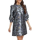 LADYFUL Women's Floral Jacquard Shift Dress 2026 Long Puff Sleeve Button Up Elegant Cocktail Party Mini Dress