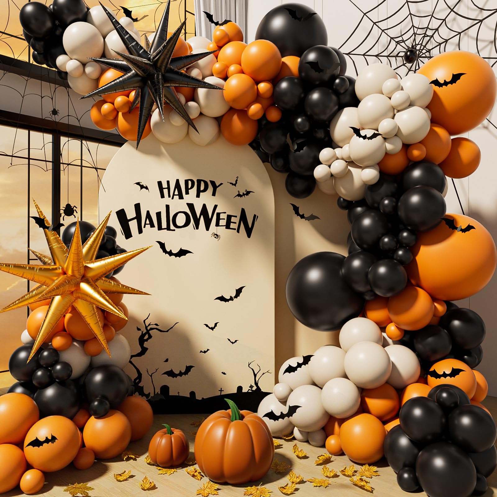Photo 1 of 140pcs Halloween Balloon Arch Kit, Orange Black Sand White Foil Balloons for Halloween Birthday Party Decorations