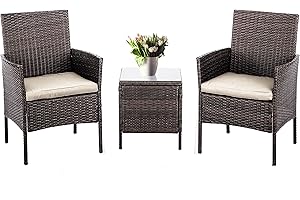 Pyramid Home Decor Alvino Patio Bistro Set 3-Piece Outdoor Wicker Furniture Sets, Modern Rattan Garden Conversation Chair with Thick Cushion and Glass Top Coffee Table (Coffee)