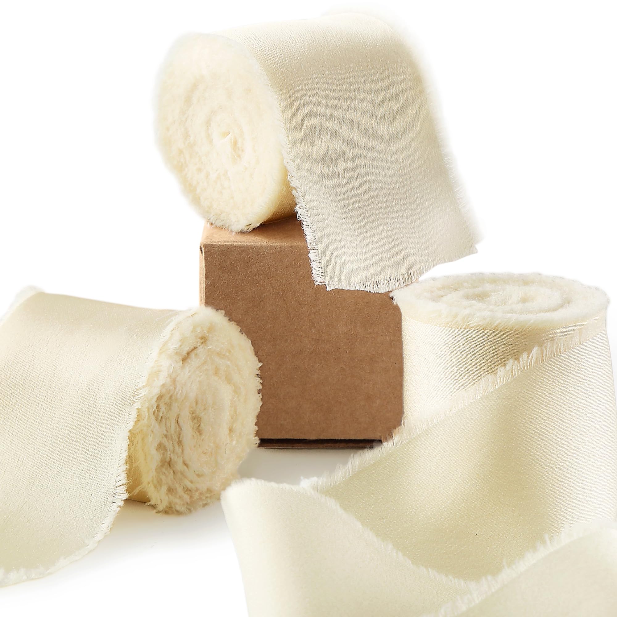 Ligtmor Silk Satin Ribbon 1-1/2 inch x 15 Yard (3.8cm x 13.5m) Handmade Frayed Chiffon Ribbons for Gift Wrapping Crafts Wedding Flower Bouquet Holiday Décor - Ivory White