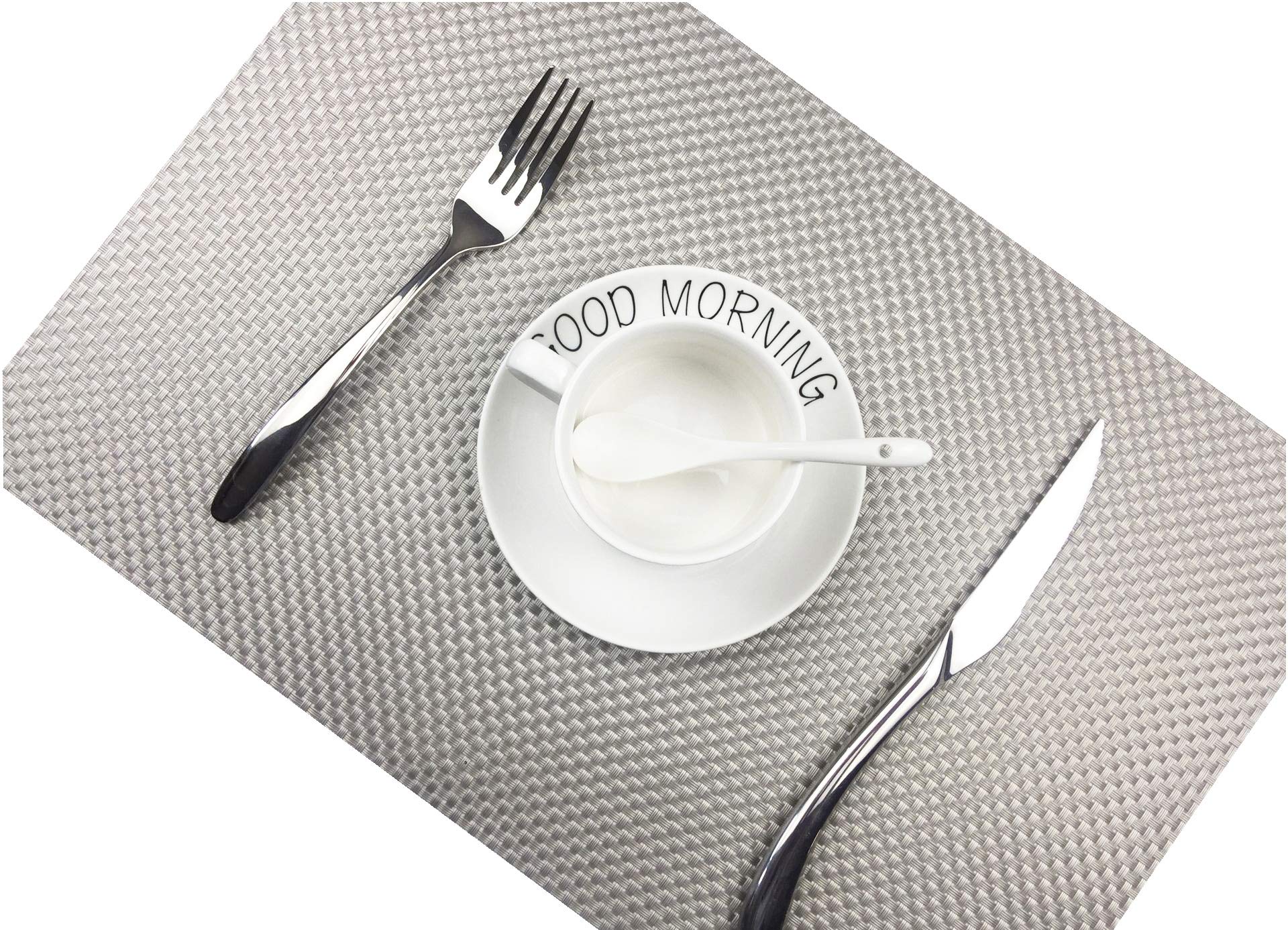 Addfun®Table Mats(Set of 6),Premium Washable High Quaity Non-Slip Insulation PVC Place Mats for Dinner Table,Silver