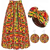Mprocen Women African Skirt Printed Maxi Skirt Long Skirts with Pockets Boho Casual Dress Head Wrap Earrings Fashion Festival