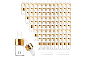 Comrzor 100 Pack 2ml Clear Glass Dropper Bottles with 4 Pcs Plastic Droppers, Mini Sample Dropper Bottles for Essential Oils Perfume Cosmetic Liquid, Empty Travel Sample Vials with Gold Cap