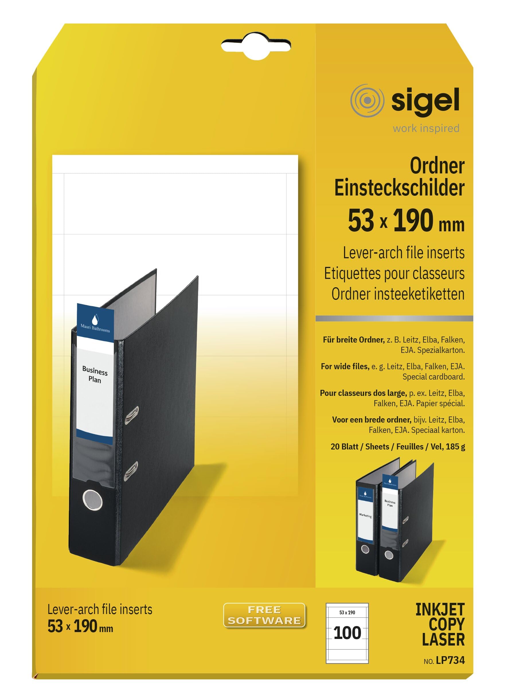 SIGEL LP734 Lever Arch File Spine Labels, 5.3 x 19 cm, 185 gsm, 100 Pieces equal to 20 sheets, White